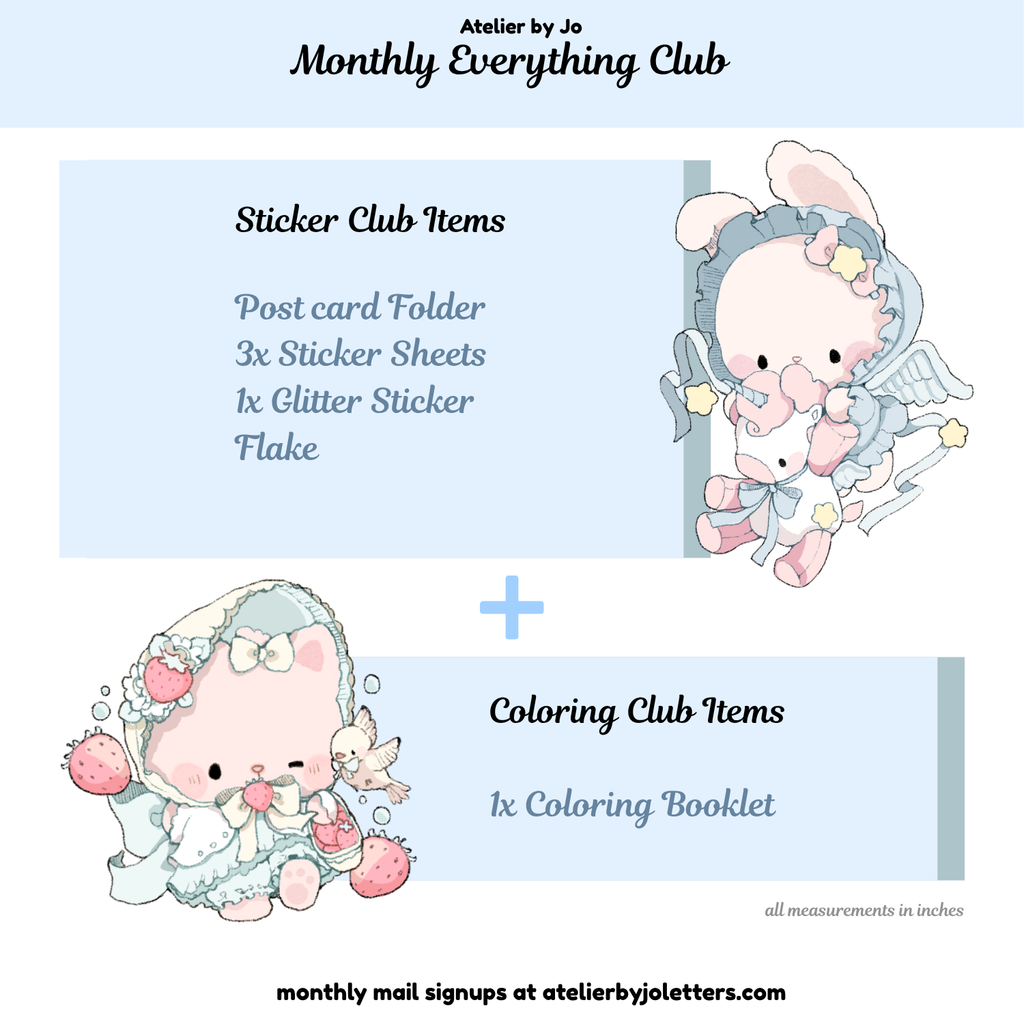 Product description card for Atelier by Jo Monthly Everything Club with cartoon character and item list.