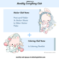Product description card for Atelier by Jo Monthly Everything Club with cartoon character and item list.