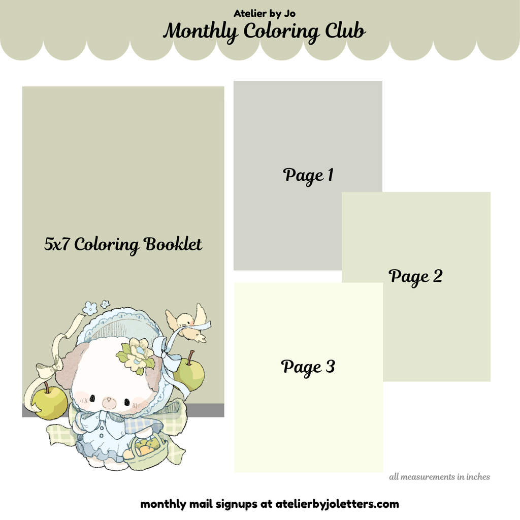 5x7 Coloring Booklet with cartoon character and text about Monthly Coloring Club