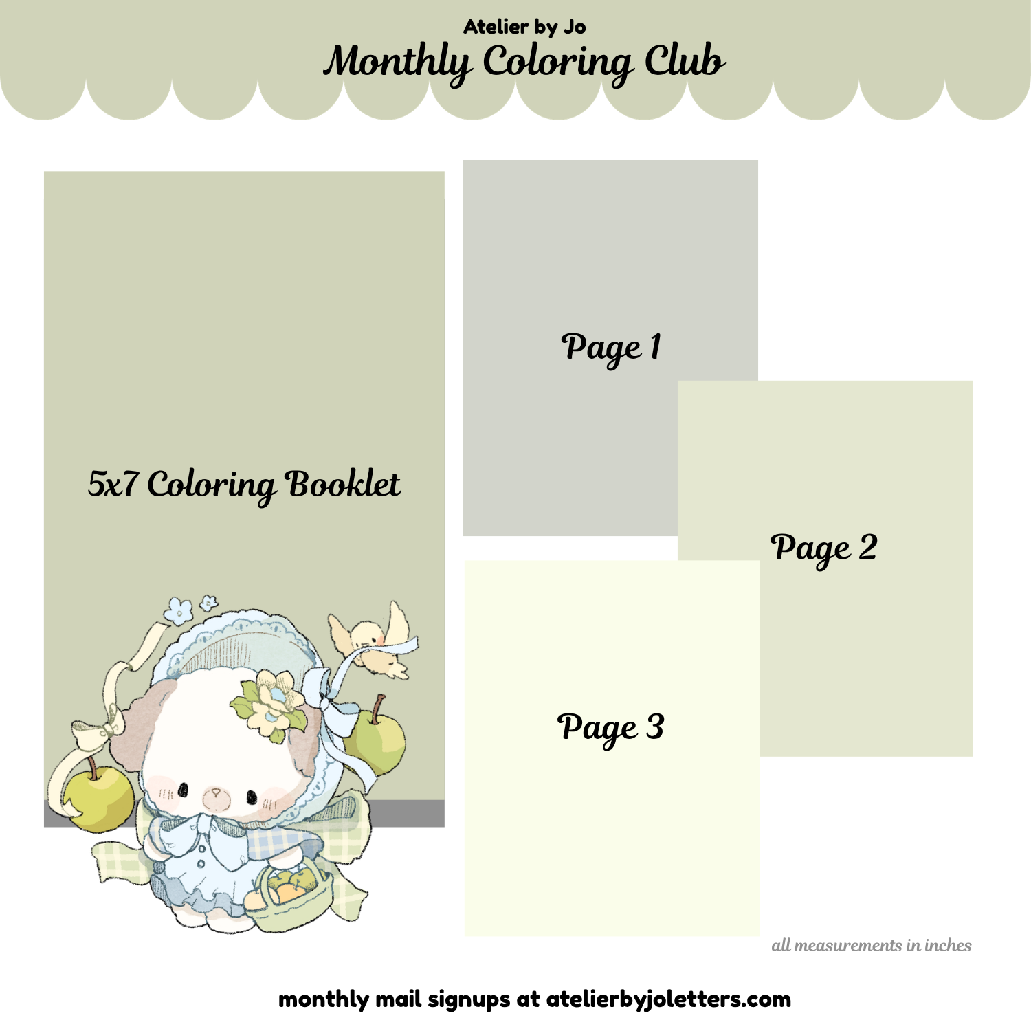 5x7 Coloring Booklet with cartoon character and text about Monthly Coloring Club