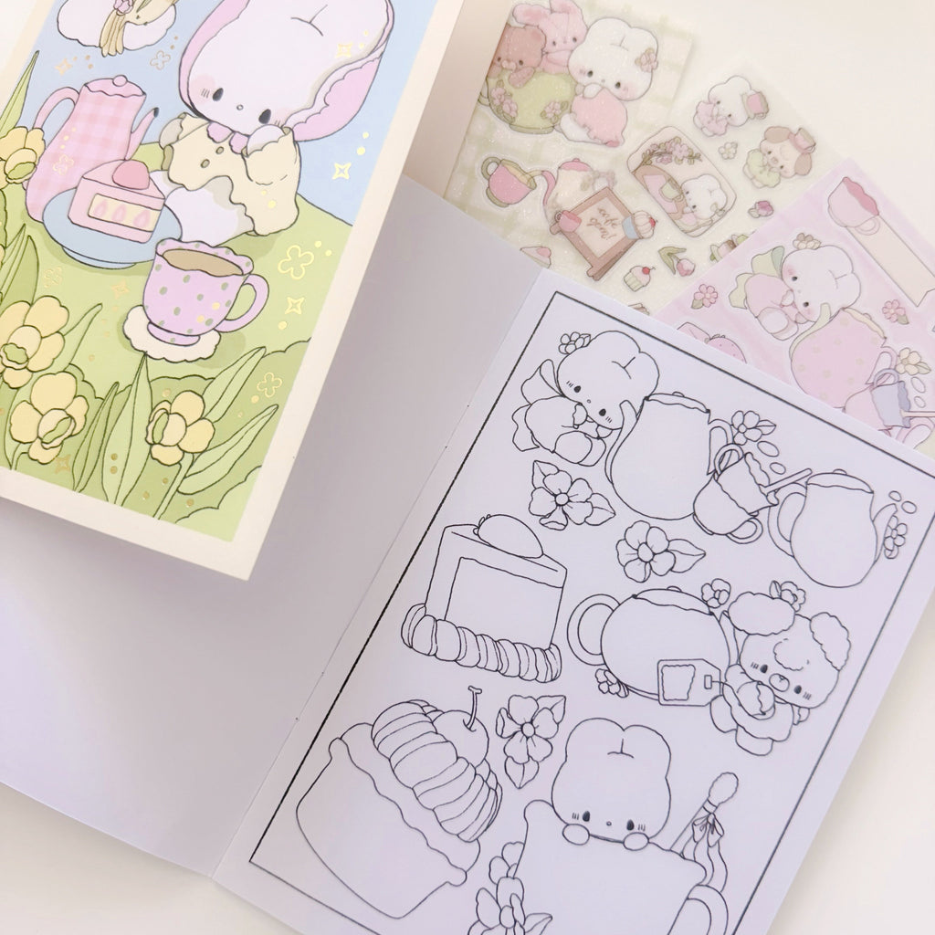 Coloring book with cute character illustrations and a stamp set on a white background