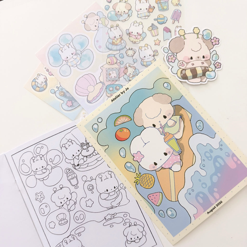 A set of cute cartoon sticker sheets and a coloring page featuring pastel illustrated characters on a white background.