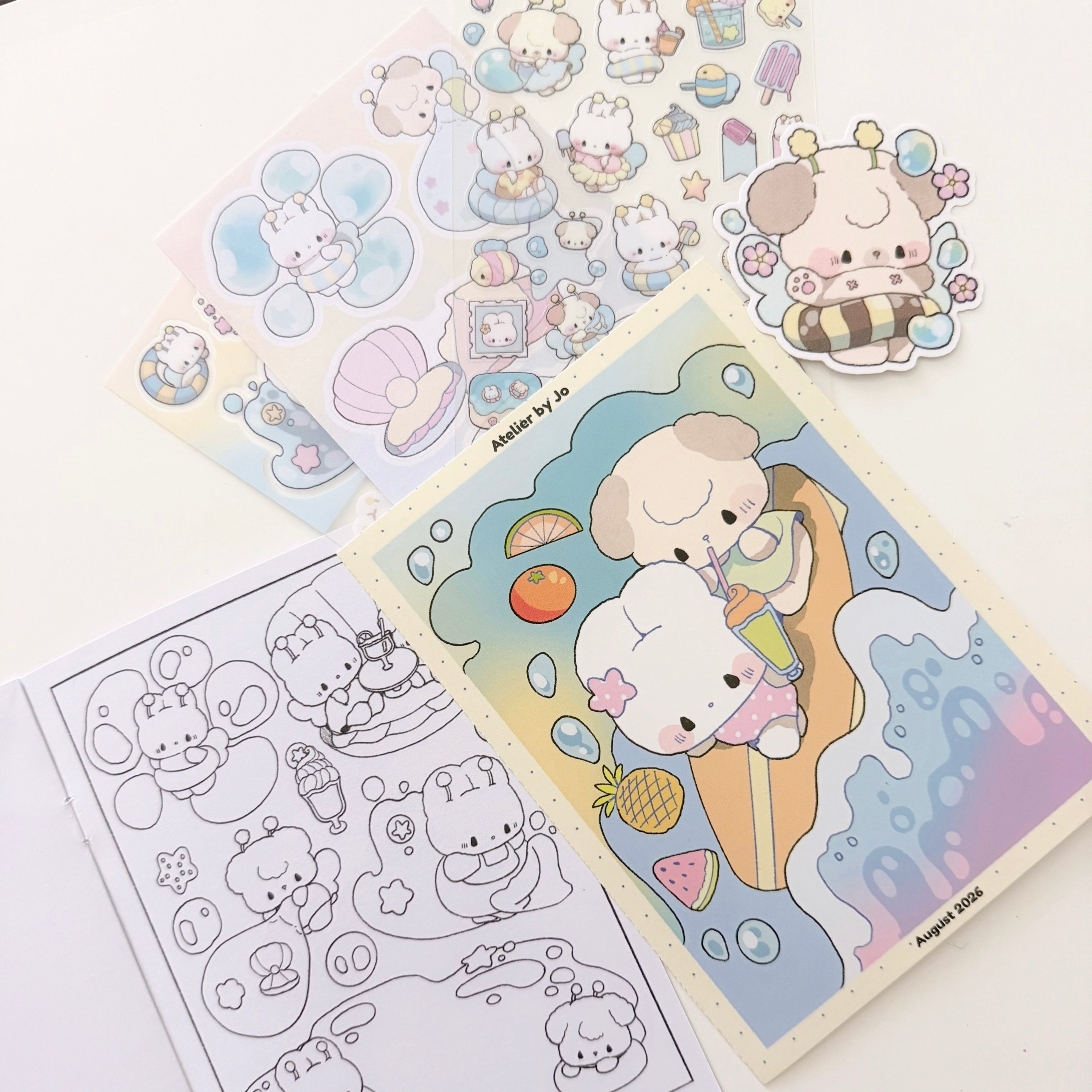 A set of cute cartoon sticker sheets and a coloring page featuring pastel illustrated characters on a white background.